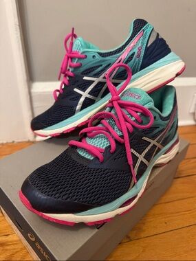 ASICS Women's Navy Teal Pink Athletic Running Shoes gel cumulus 17